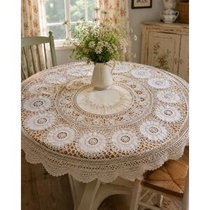 Antique Crochet Lace Embroidered Round Tablecloth 65" Cottage Heirloom Handmade